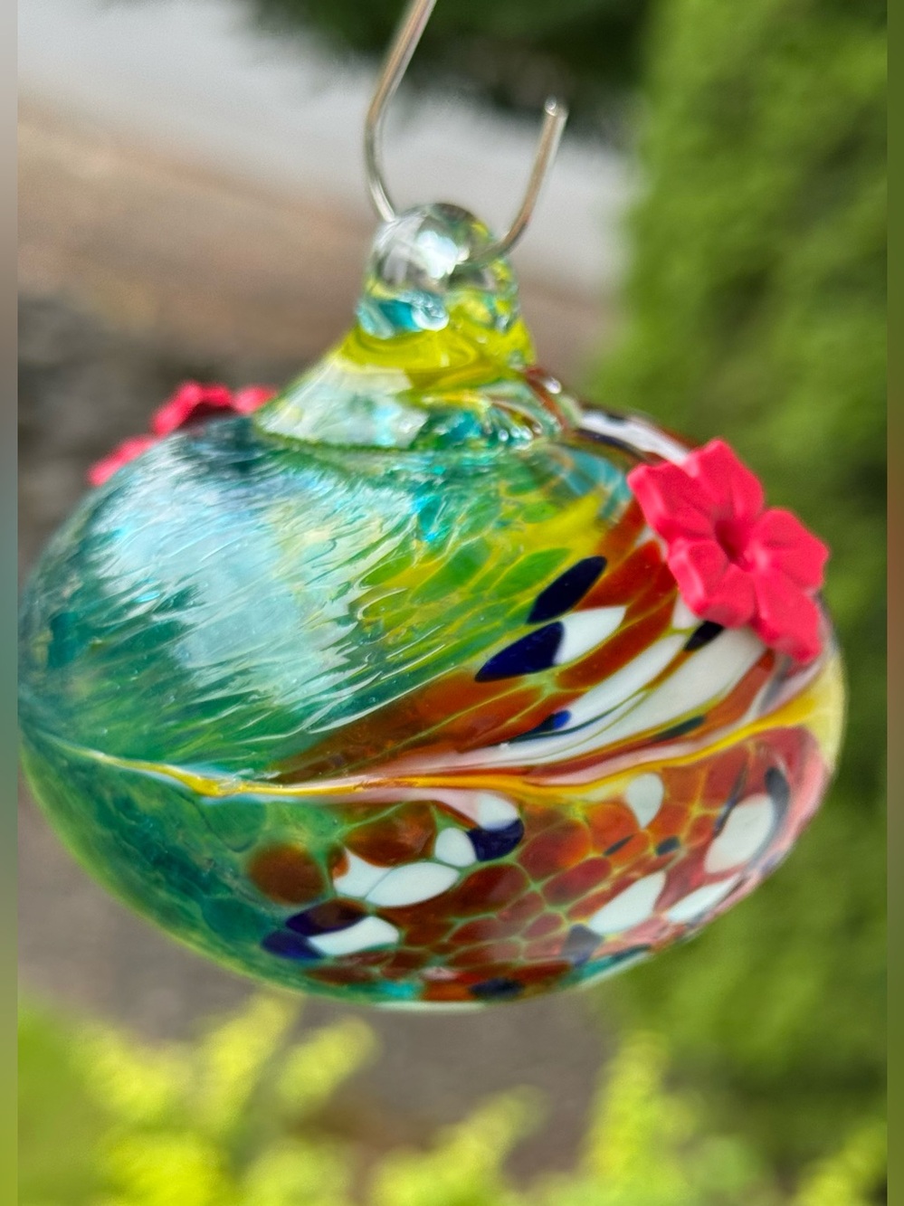 Beautiful hand blown glass mini hummingbird feeder